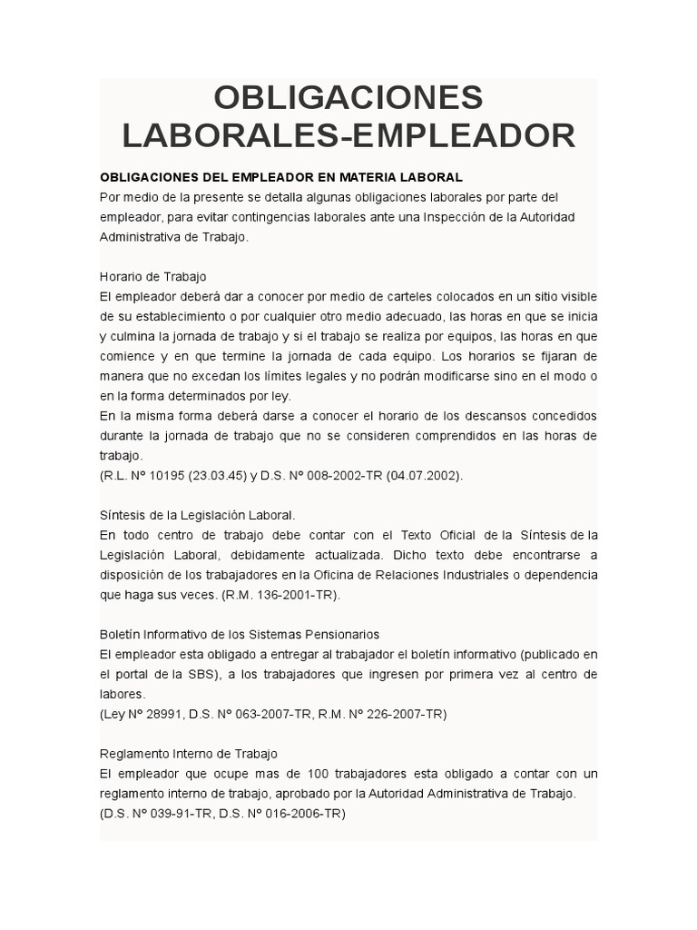 Obligaciones Laborales del Empleador | PDF | Tiempo de trabajo ...
