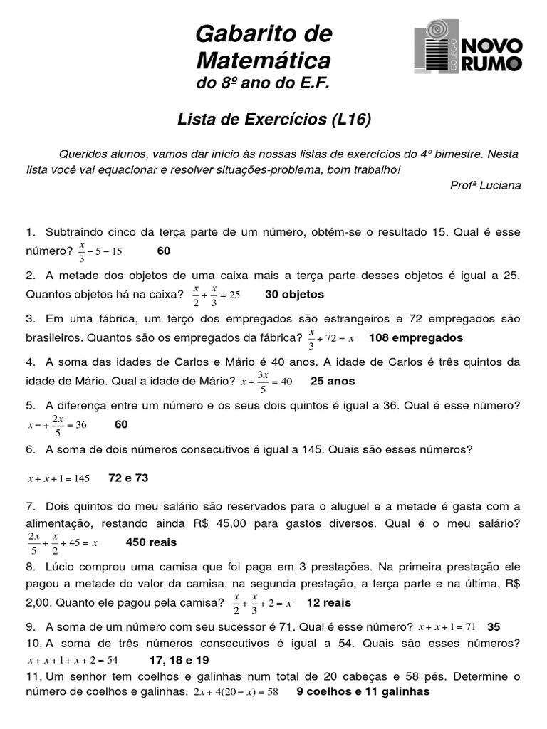 Problemas Matemáticos 8º Ano com Gabarito | PDF | Moeda | Notas (finanças)