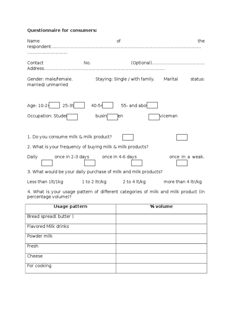 Questionnaire for consumers Milk Dairy Products