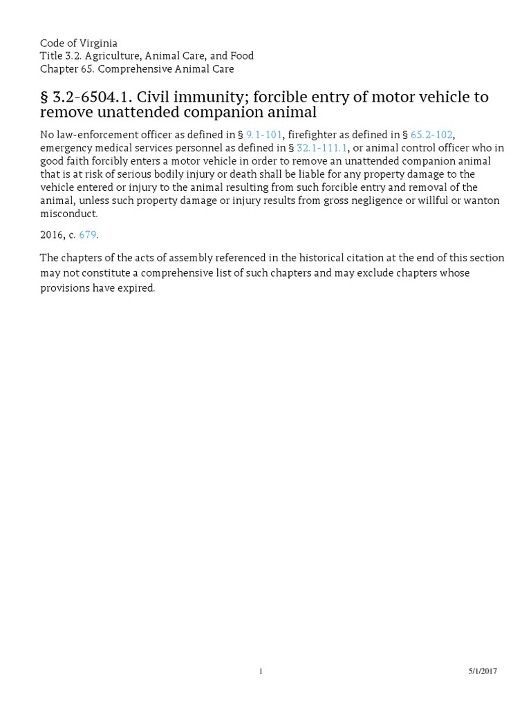3.2-6504.1. Civil Immunity Forcible Entry of Motor Vehicle To Remove ...