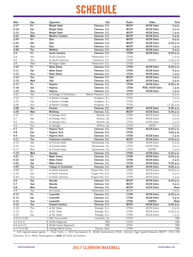 Clemson Schedule PDF North Carolina South Carolina