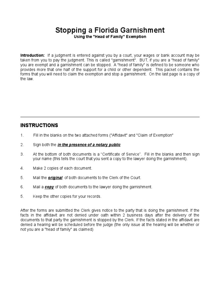 Stopping A Florida Garnishment | PDF | Garnishment | Welfare