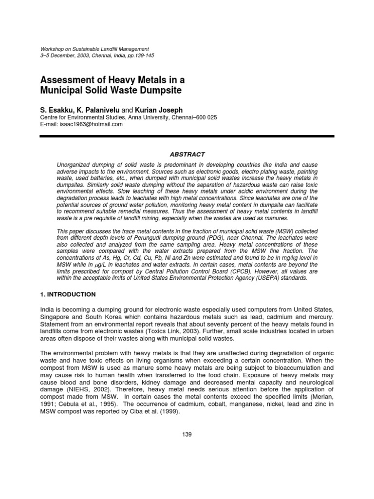 Assessment of Heavy Metals in A Municipal Solid Waste Dump. | PDF