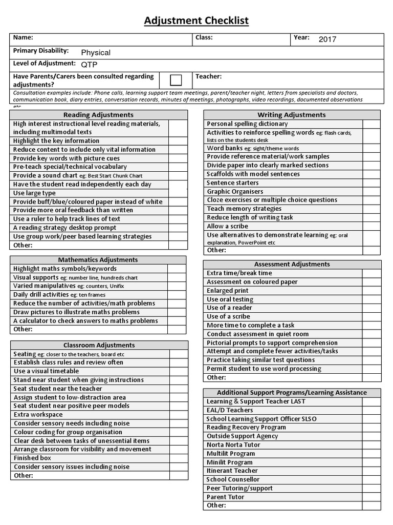 adjustment checklist Classroom Educational Assessment