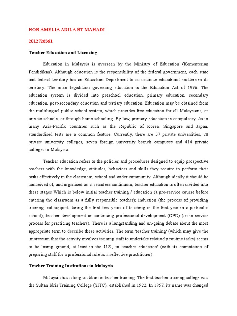 Teacher Education and Licensing in Malaysia | PDF | Teacher Education ...