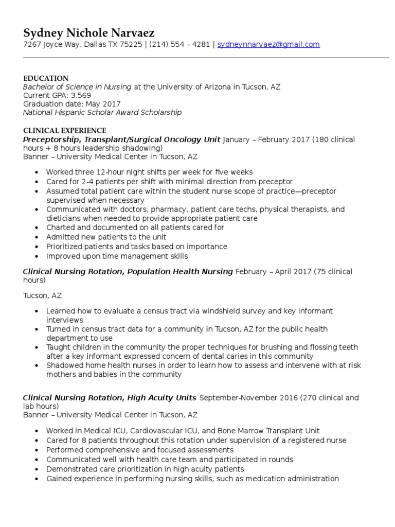Sydney Narvaez Resume Spring 2017 Nursing Hospital