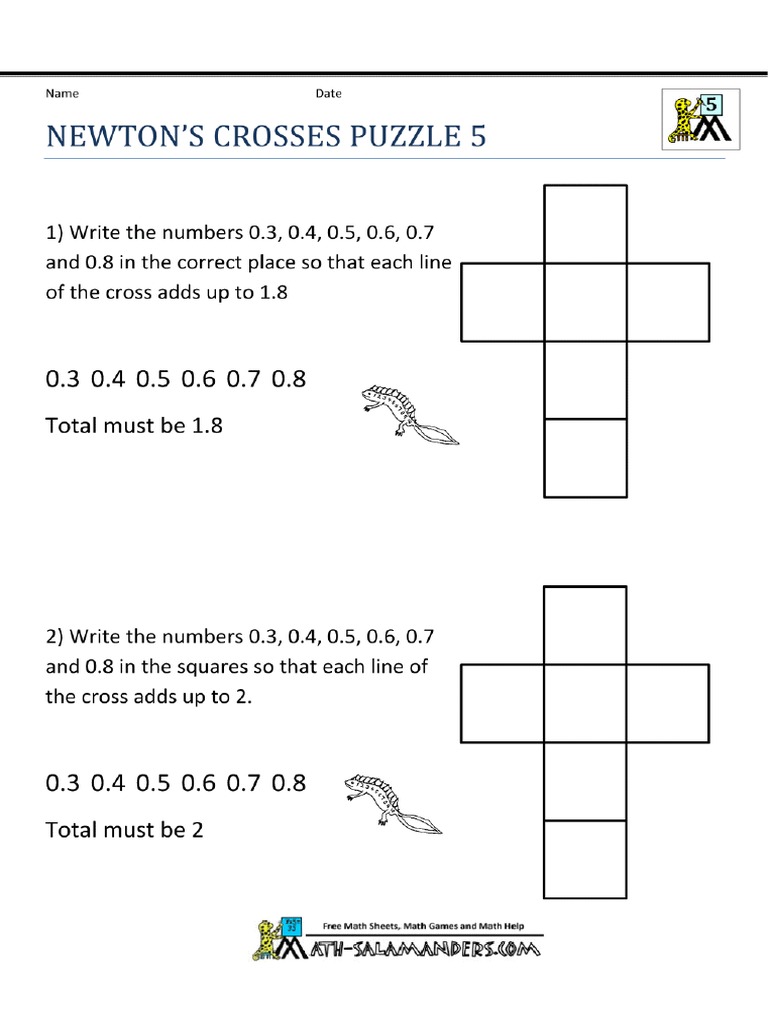 Fun math worksheets newtons crosses puzzle 5 | pdf