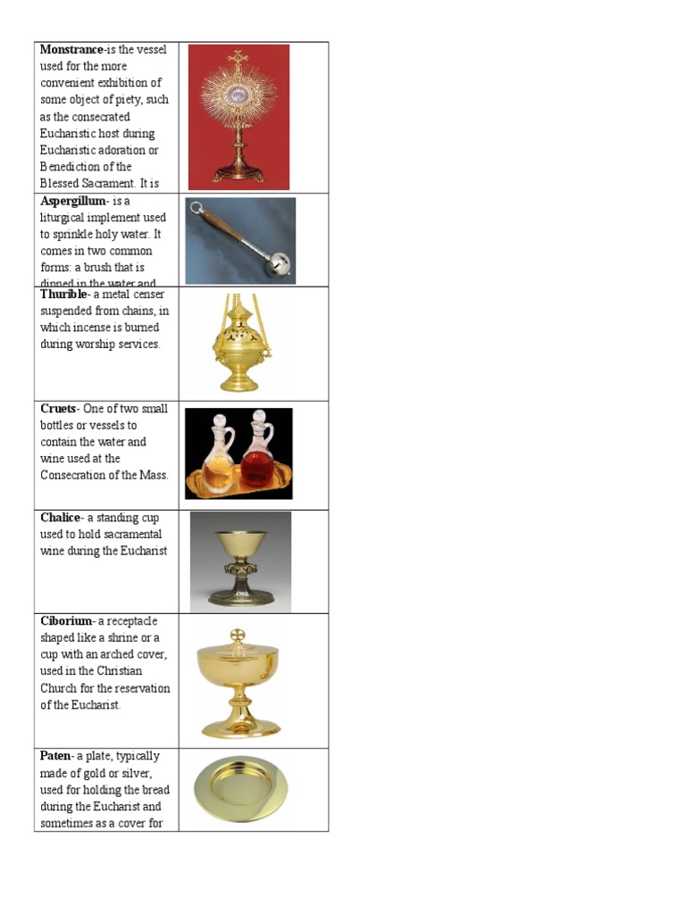 Liturgical Vessels Handout Eucharist Altar