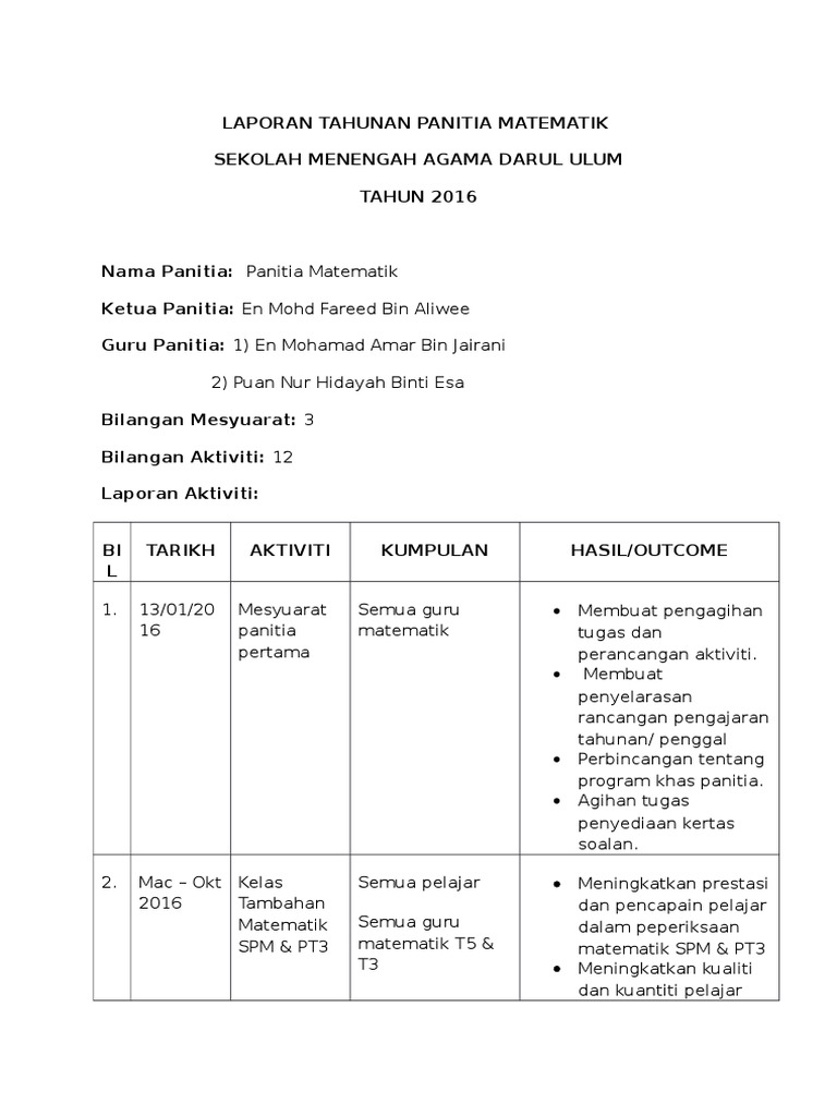 Laporan Tahunan Panitia Matematik Pdf
