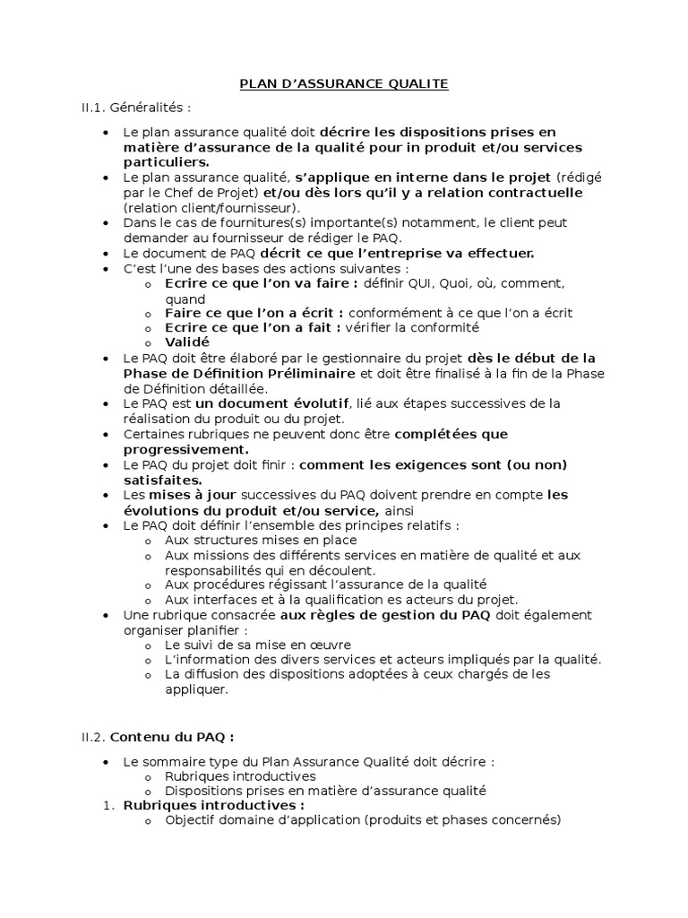 Plan d'assurance qualité  Management de la qualité  Système de