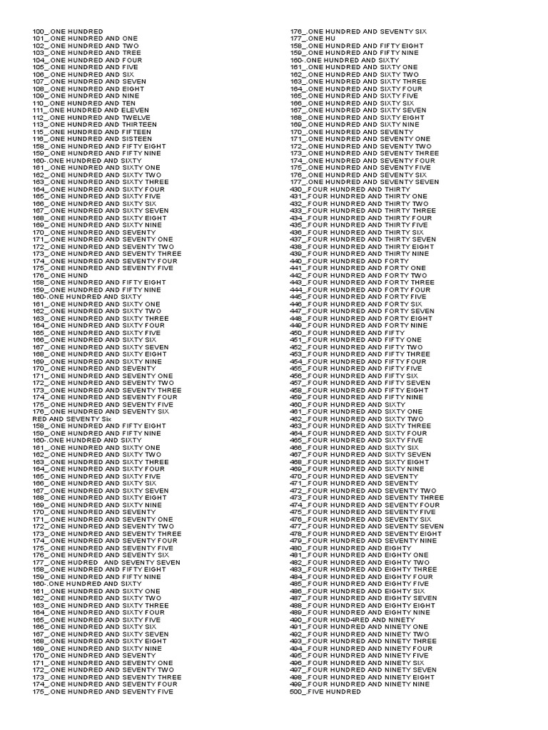 Numeros Ingles 100 Al 1000