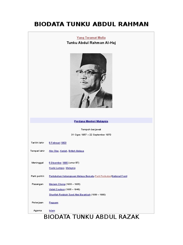 Biodata Tunku Abdul Rahman Pdf