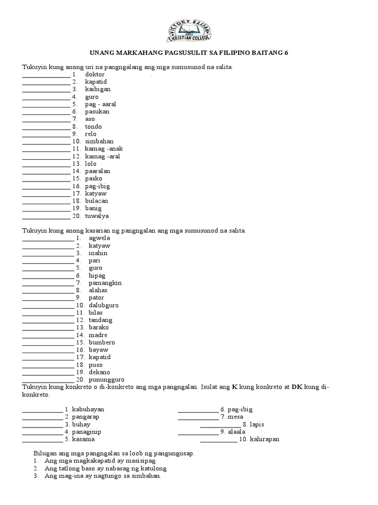 Grade Six (6) Filipino Monthly Examinations | PDF