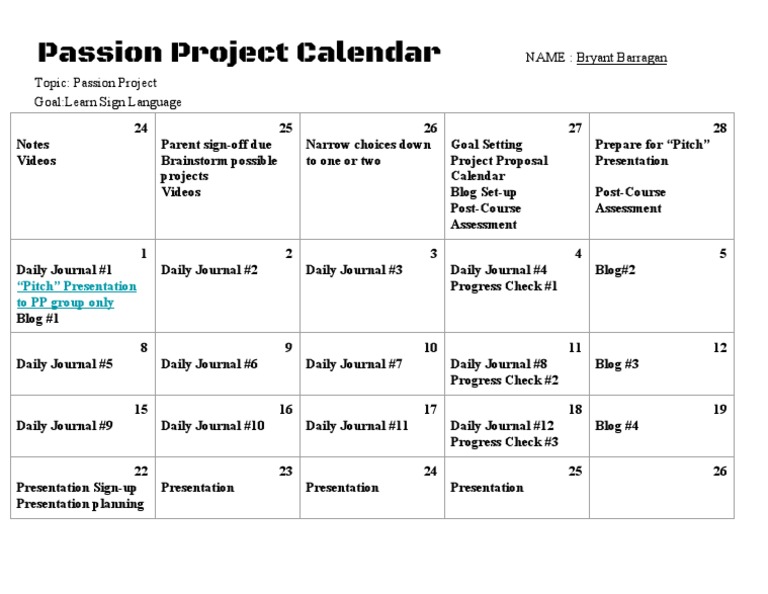 Passion Project Calendar for Sign Language | PDF
