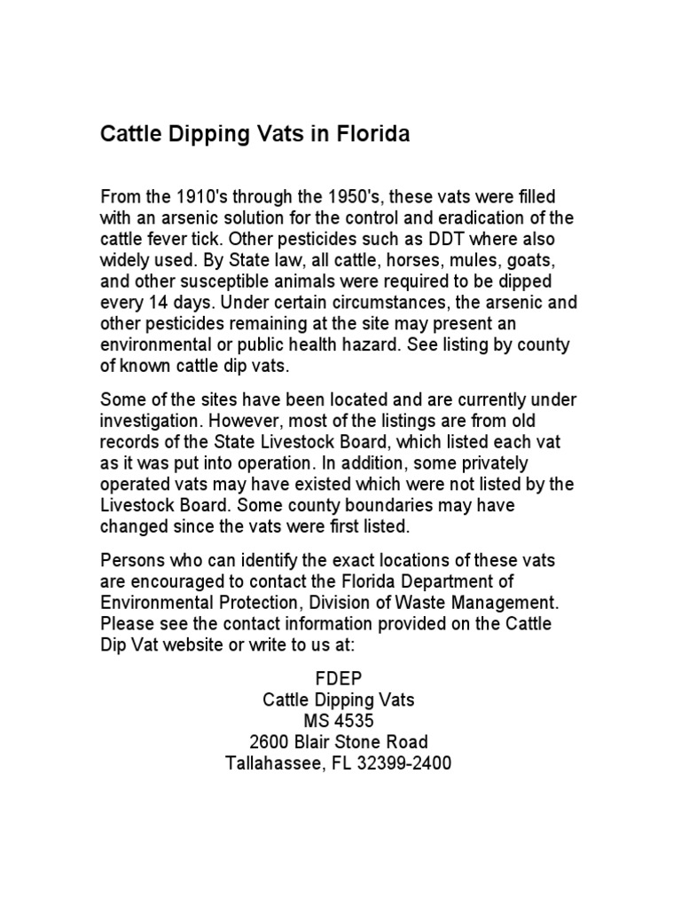 Cattle Dipping Vats in Florida by FDEP PDF Livestock Animals And