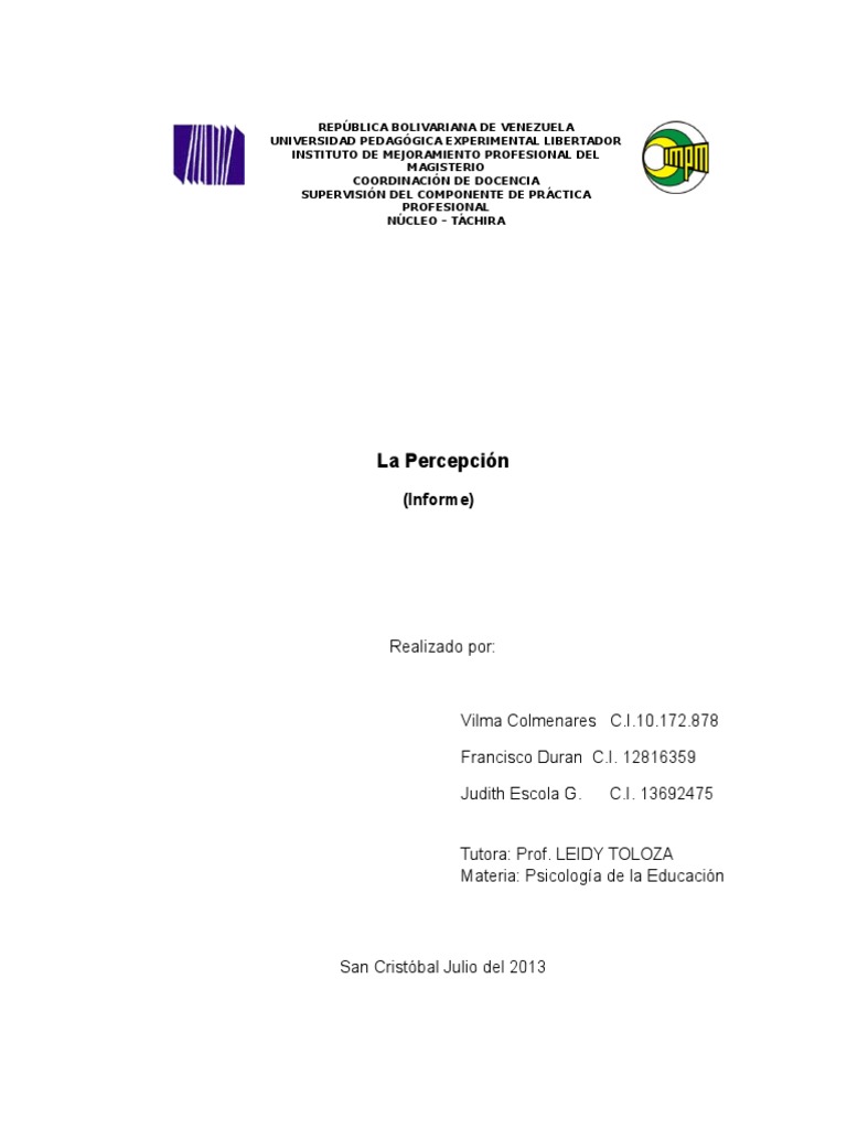 Informe sobre la Percepción en Psicología | PDF | Percepción | Sicología