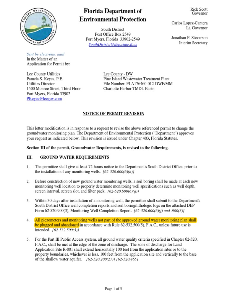 Modified Permit From FDEP to Lee County Utilities Detection Limit