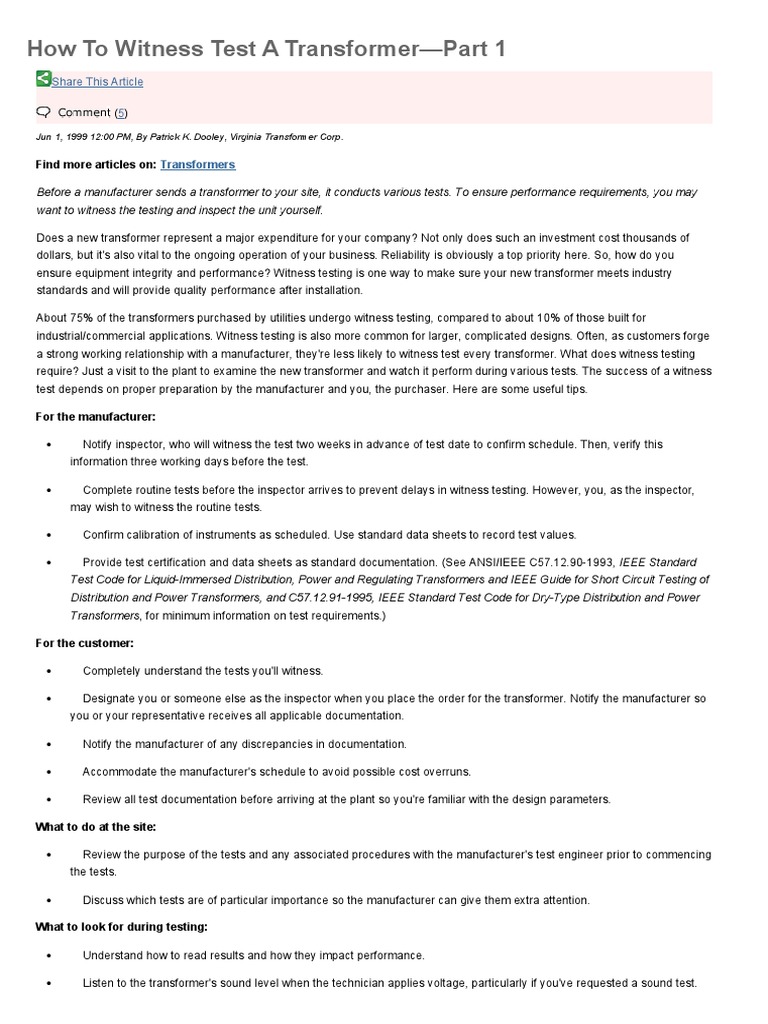 Witness Testing a Transformer Guide | PDF | Transformer | Audit
