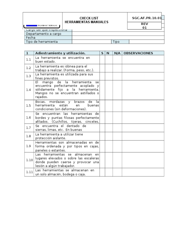 Check List de Herramientas Manuales | PDF | Herramientas | Producción y  fabricación