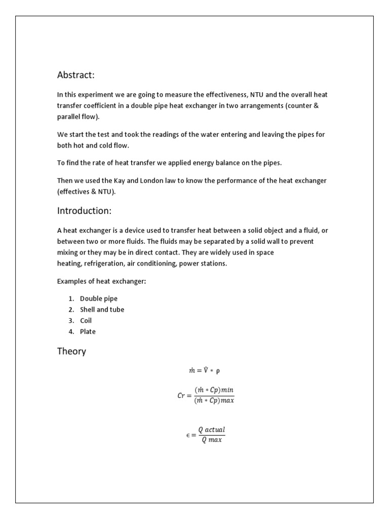 Double Pipe Heat Exchanger Report PDF Heat Exchanger Heat Transfer