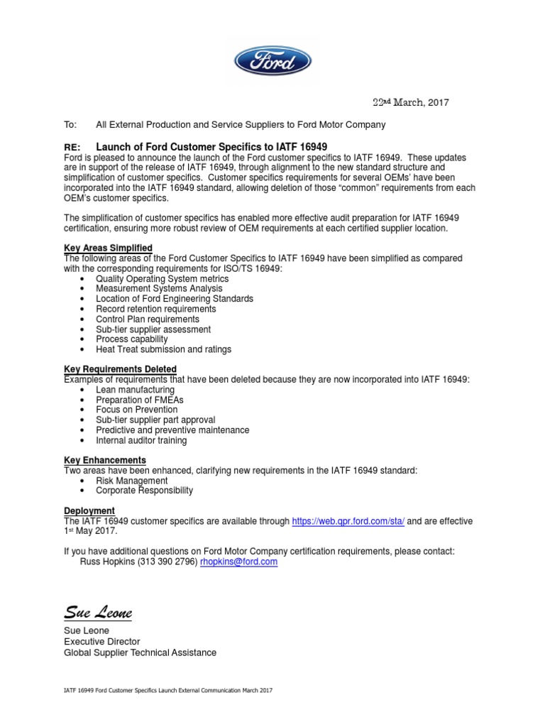 Ford IATF 16949 Customer Specifics Update | PDF