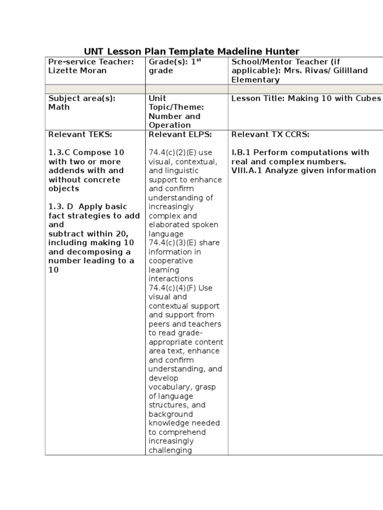 UNT Lesson Plan Template Madeline Hunter PDF Sentence (Linguistics UNT Lesson Plan Template Madeline Hunter PDF Sentence (Linguistics