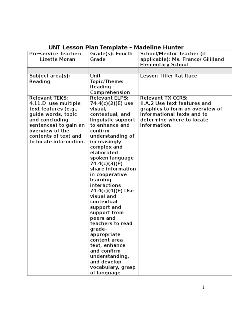 21rd Observation Unt Lesson Plan Template Madeline Hunter  Reading Intended For Madeline Hunter Lesson Plan Template Word