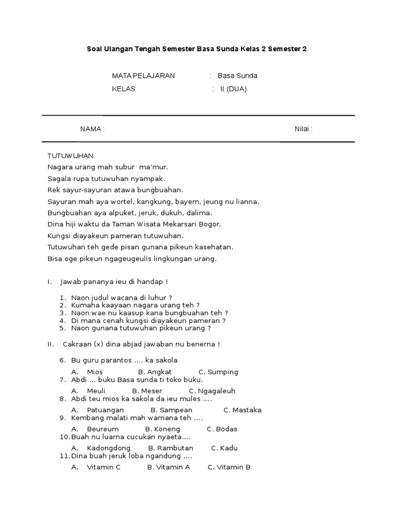 Soal Ulangan Tengah Semester Basa Sunda Kelas 2 Semester 2