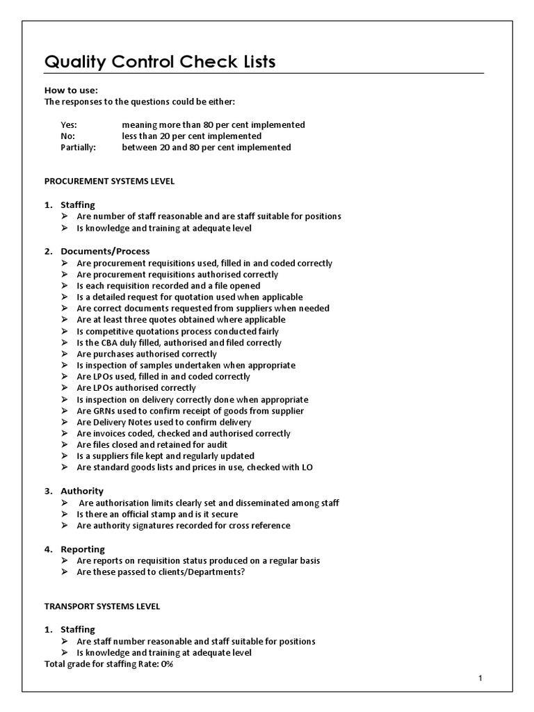 Quality Control Guidelines Quality Control Check Lists PDF Vehicles Warehouse
