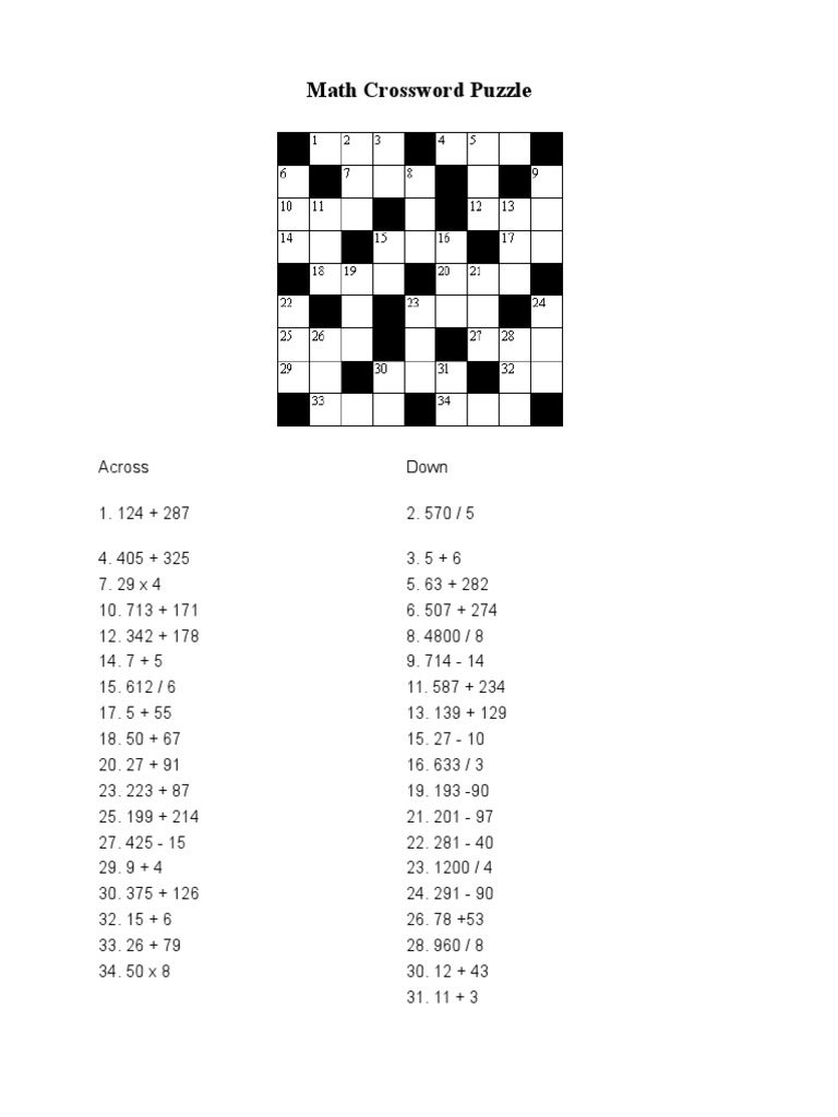 Math Crossword Puzzle PDF