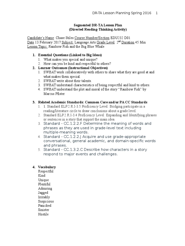 Edu232 Drta Lesson Plan Lesson Plan Educational Assessment