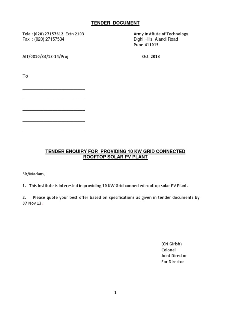 10 KW Rooftop Solar PV Tender | PDF | Photovoltaic System | Electrical ...