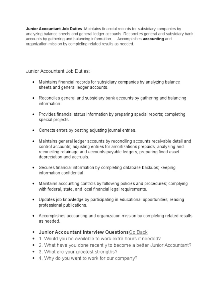 Junior Accountant Job Duties and Roles | PDF | Microsoft Excel | Accounting
