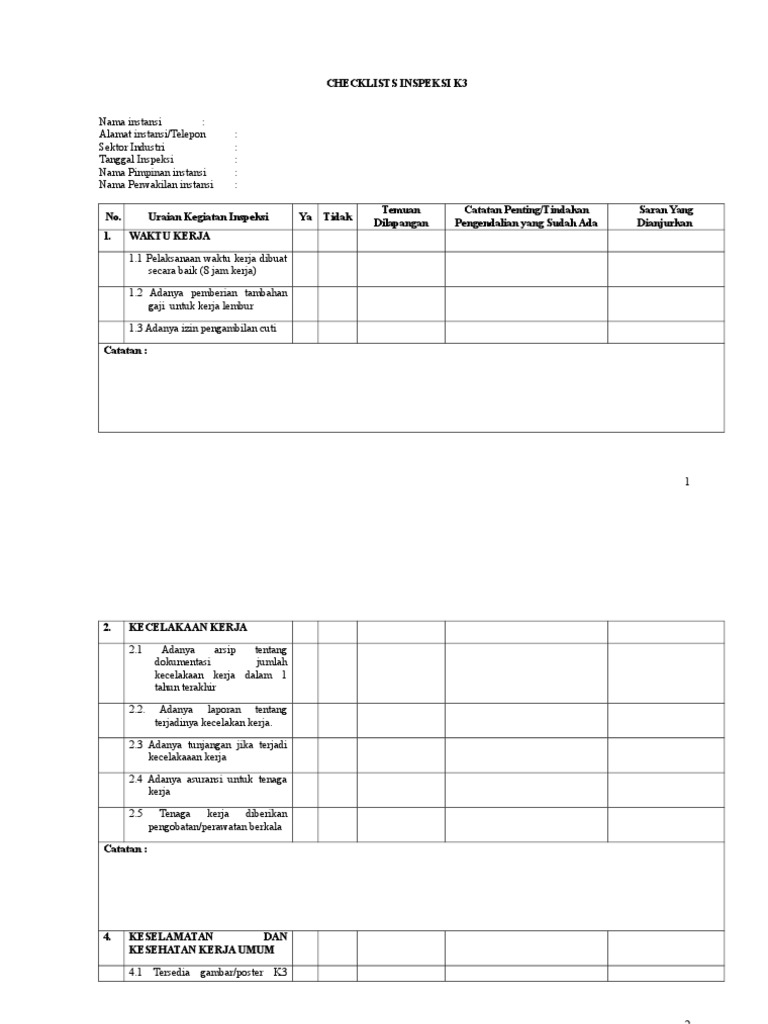 Checklist Inspeksi K3 Lengkap | PDF