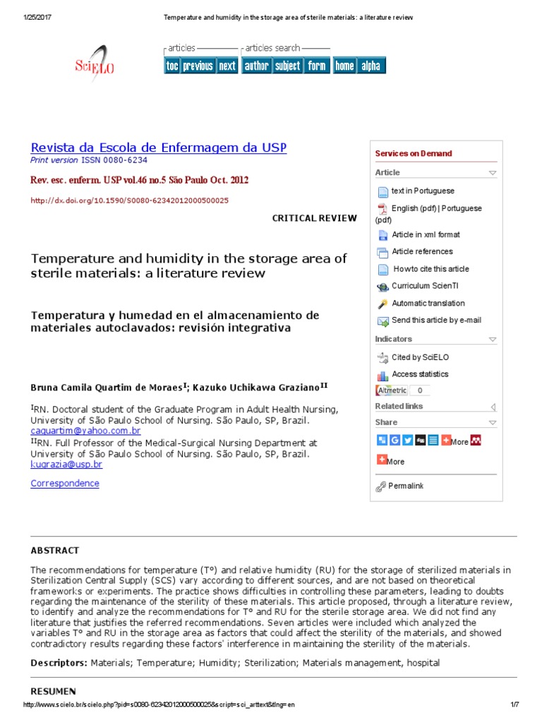 Temperature and Humidity in The Storage Area of Sterile Materials A