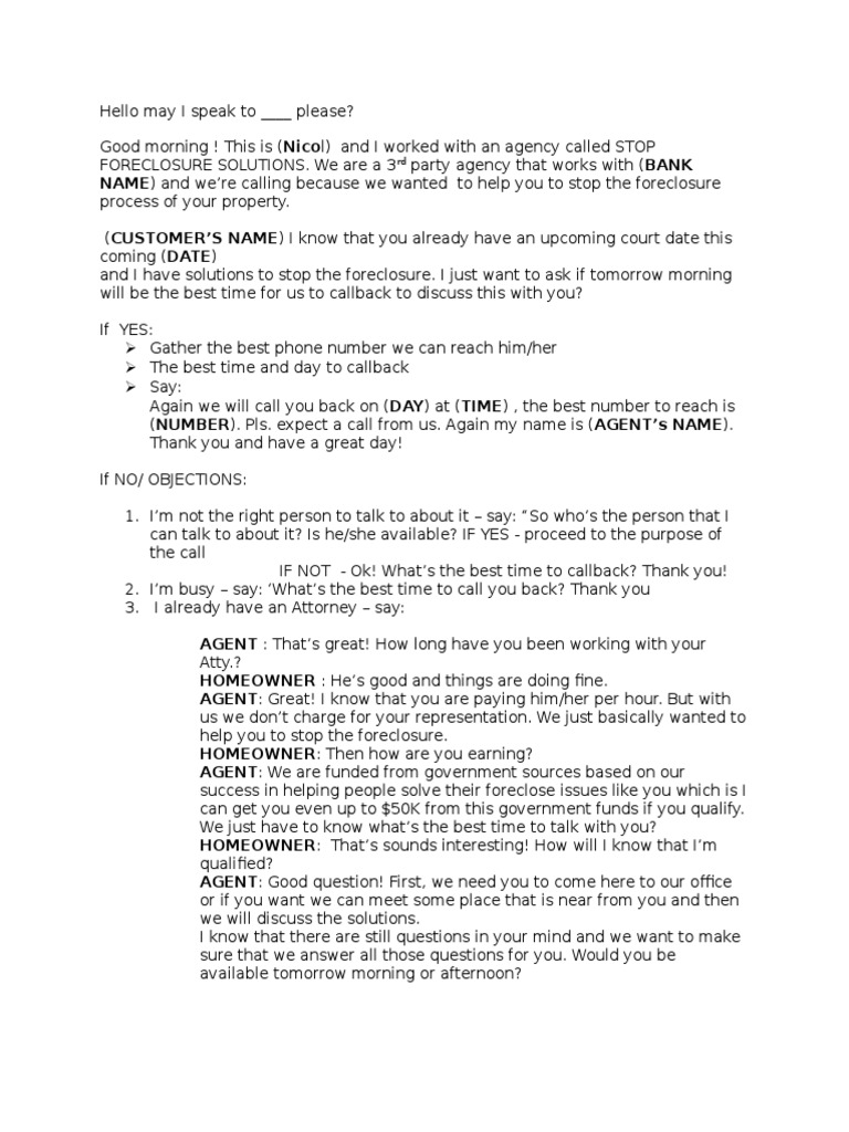 Stop Foreclosure Solutions Call Script | PDF