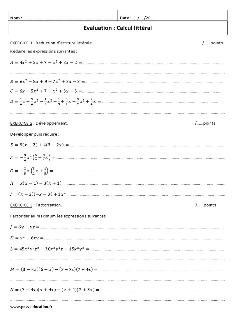 Reduire Une Expression Litterale 4eme Exercices Développement Factorisation 4ème Evaluation Sur Le Calcul Littéral | PDF