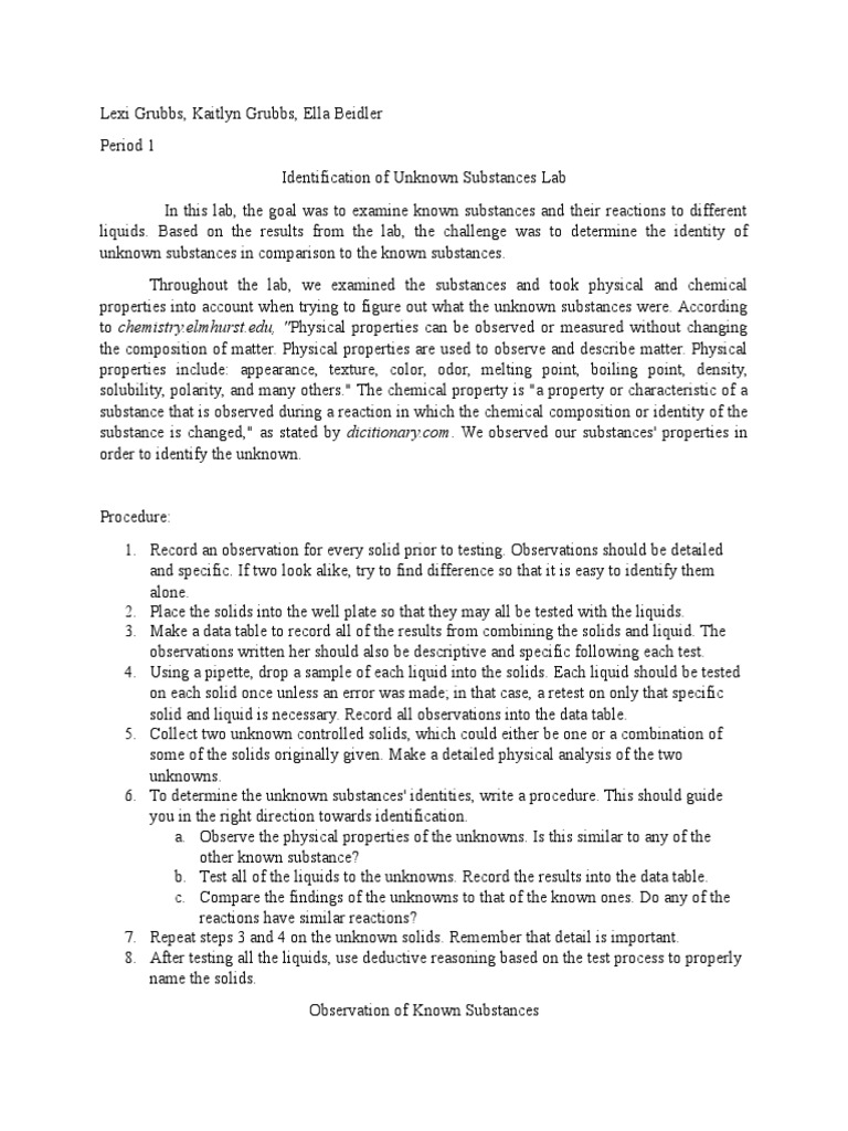 Finding Unknown Substances Lab PDF Chemical Substances Solid
