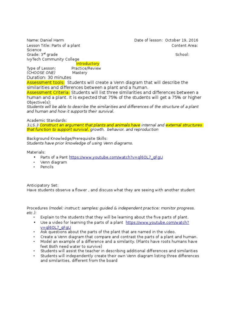 Plants Lesson Plan | PDF | Educational Assessment | Lesson Plan