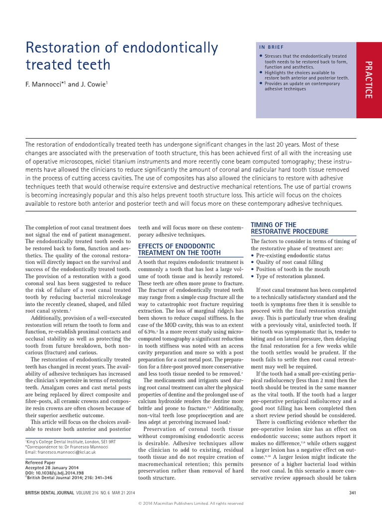 Restoration of Endodontically Treated Teeth | PDF | Dental Composite ...