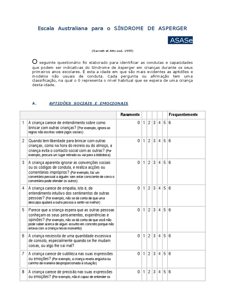 Escala Australiana para o Síndrome de Asperger PDF | PDF | Síndrome de ...