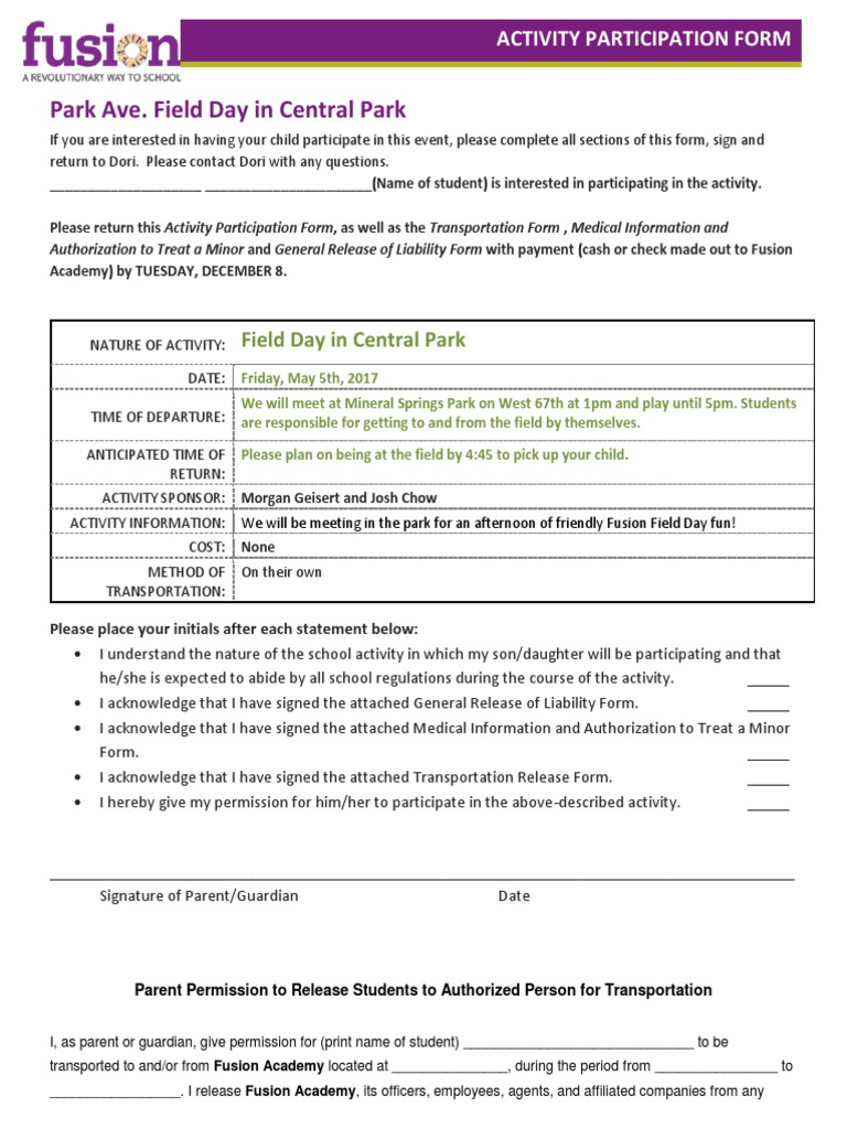 Field Day Permission Slip Emergency Department Legal Guardian