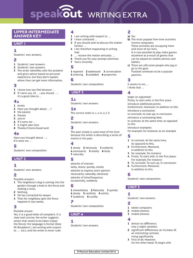 Speakout Upper Intermediate Student Book Answer Key Pdf Speakout Writing Extra Upper Intermediate Answer Key | PDF