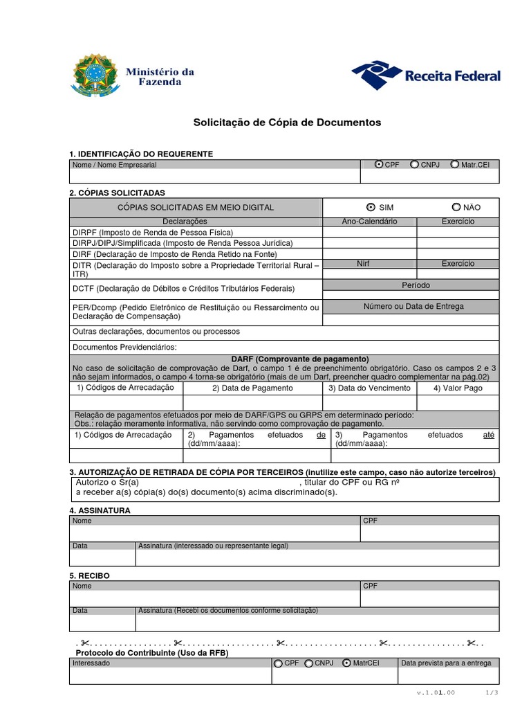 Formulário de solicitacao de cópias de documentos Imposto de Renda