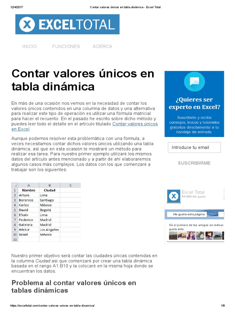 Contar Valores Únicos en Tabla Dinámica Excel Total PDF Tabla