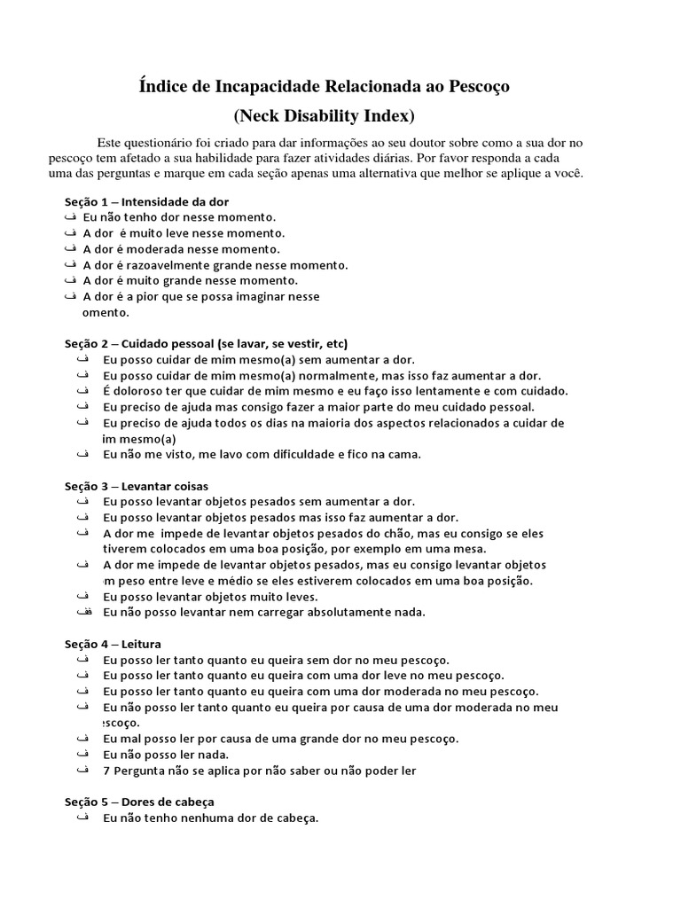 Neck Disability Index (Indice de Incapacidade Cervical) | PDF | Dor ...