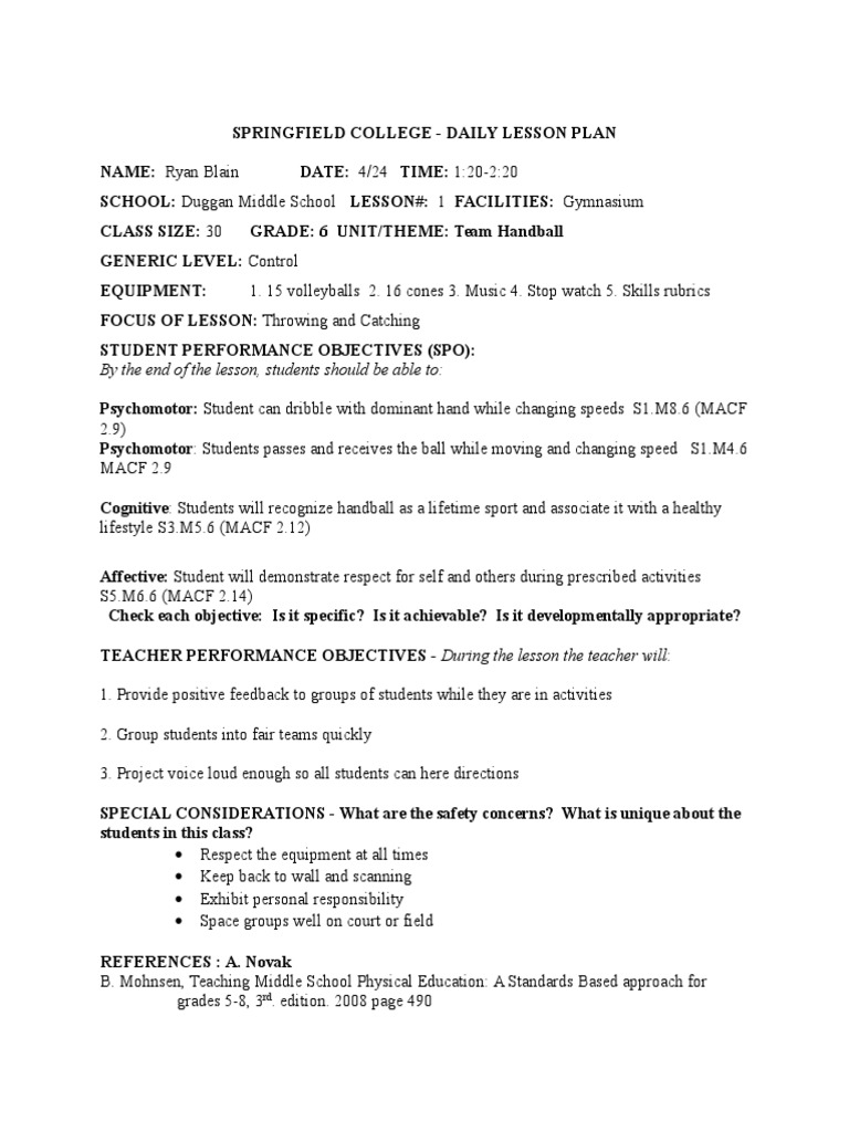 Team Handball Lesson 1 Duggan PDF Lesson Plan Ball Games