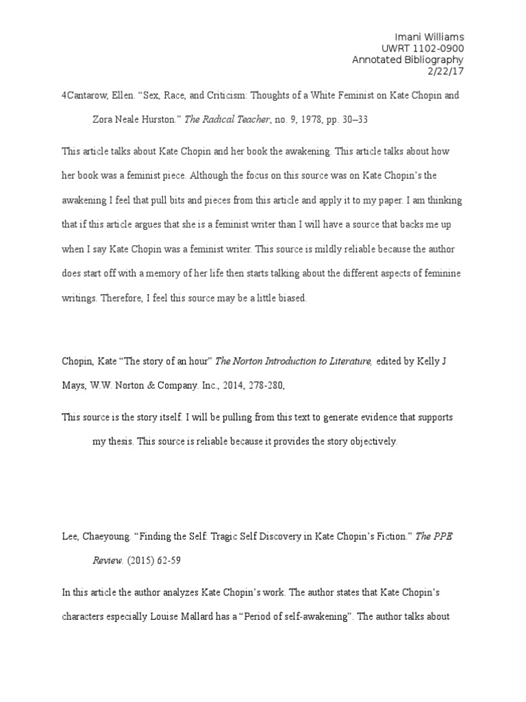 Annotated Bibliography Story of An Hour PDF Feminism Gender Studies