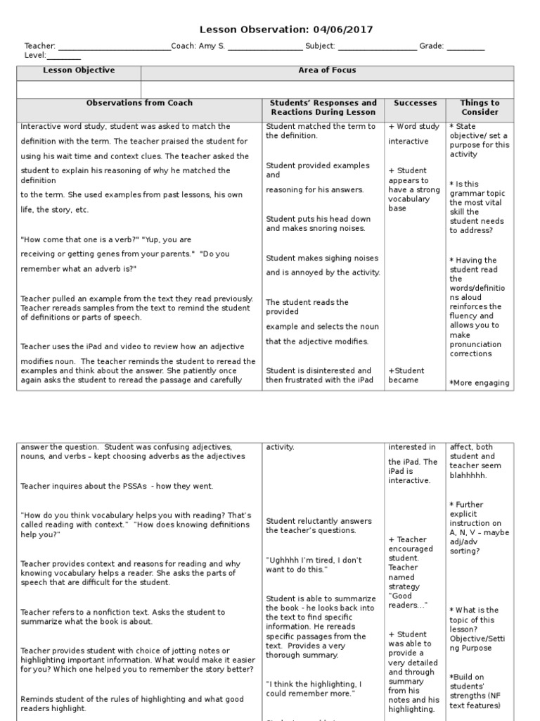 Lesson Observation Insights and Strategies | PDF | Learning | Grammar