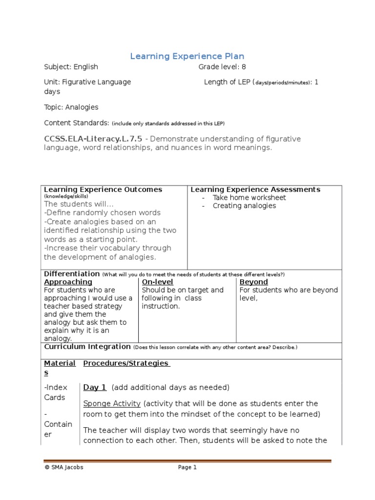 Learning Experience Plan Analogies | PDF | Analogy | Educational Assessment